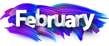 February Banner With Blue Brush Strokes.