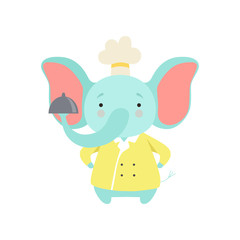 Wall Mural - Cute elephant in chef uniform holding silver platter, cartoon animal character cooking vector Illustration on a white background