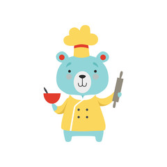 Wall Mural - Cute bear in chef uniform holding rolling pin and bowl, cartoon animal character cooking vector Illustration on a white background