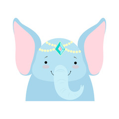 Wall Mural - Elephant funny face with pearl headgear, cute cartoon animal character avatar vector Illustration on a white background