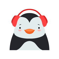 Poster - Funny penguin in headphones, cute cartoon animal character avatar vector Illustration on a white background