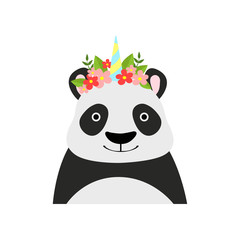 Wall Mural - Panda bear wearing a wreath of flowers, cute cartoon animal character avatar vector Illustration on a white background