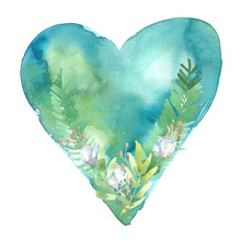 Simple Abstract Light Blue Heart With Green Leaves And White Flowers Painted In Watercolor On Clean White Background