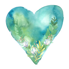 Wall Mural - Simple abstract light blue heart with green leaves and white flowers painted in watercolor on clean white background