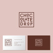 Chocolate drop logo. Cakes and desserts cafe. Brown letters on a foursquare badge. Fat logo for cafe. Identity. Business card.