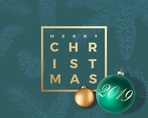 Merry Christmas Abstract Vector Greeting Card, Poster or Holiday Background. Classy Green and Gold Colors, Glitter and Modern Typography. Xmas Balls with Soft Shadows and Sketch Pattern