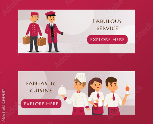 Fotomural Hotel service banner vector illustration with text fabulous service, fantastic cuisine
