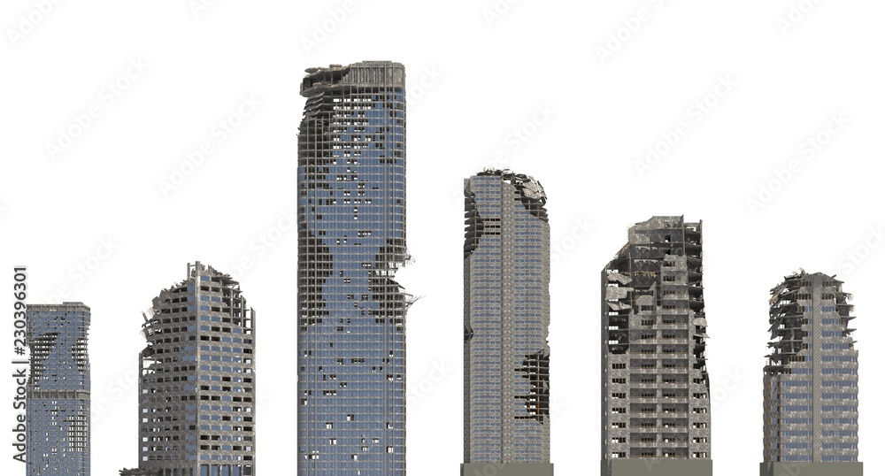 Ruined Skyscrapers Isolated On White 3D Illustration - obrazy, fototapety, plakaty 