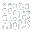 © vectorikart - Women casual clothes for fitness training. Basic garments for gym workout. Vector thin line icons. Outline outfit for active girl. Linear sport style shirts, pants, jackets, tops, shorts, skirt, socks