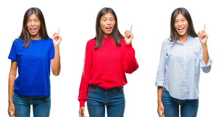 Sticker - Collage of asian young woman standing over white isolated background pointing finger up with successful idea. Exited and happy. Number one.