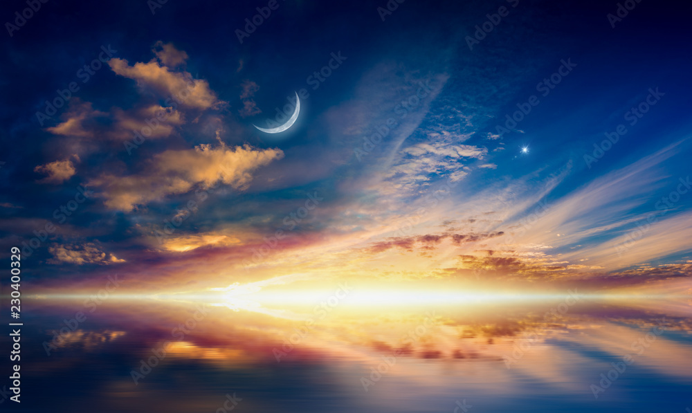 Crescent moon, glowing clouds and bright star are reflected in serene sea - obrazy, fototapety, plakaty 