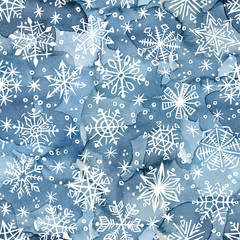 Wall Mural - Christmas and New Year seamless watercolor pattern with white snowflakes on indigo background