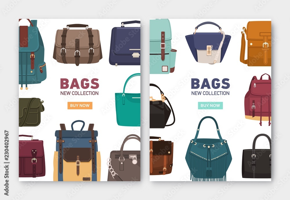 Set of vertical banner, flyer or poster templates with stylish bags, backpacks and handbags of different types and place for text. Colorful vector illustration for accessory shop advertisement. - obrazy, fototapety, plakaty 
