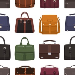 Aufkleber - Elegant seamless pattern with leather men's bags or handbags of various types on white background. Backdrop with classic and casual accessories. Colored vector illustration for wrapping paper.