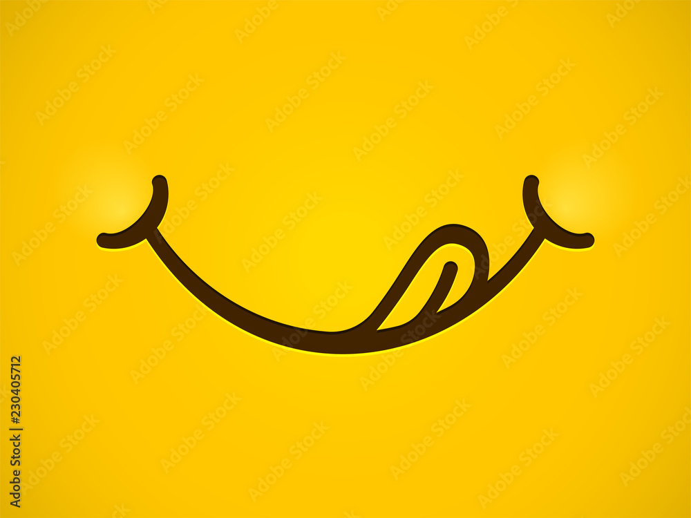 Yummy smile vector cartoon line emoticon lick mouth lips with tongue. Delicious tasty eating emoji face yellow background - obrazy, fototapety, plakaty 