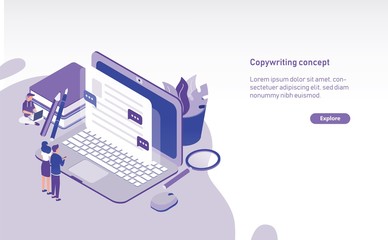 Poster - Modern horizontal web banner template with tiny people standing in front of giant laptop and looking at text displaying on screen. Copywriting, content management and SEO. Colored vector illustration.