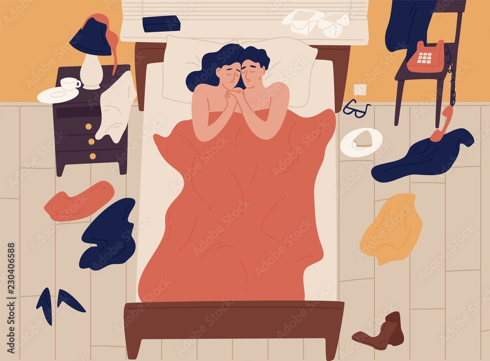 Cute romantic couple lying in bed together after sex and cuddling, clothes scattered around. Intimate or sexual relationship of young man and woman. Colorful vector illustration in flat cartoon style.