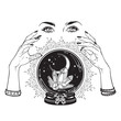Hand drawn magic crystal ball with gems and crescent moon in hands of fortune teller line art and dot work. Boho chic tattoo, poster, tapestry or altar veil print design vector illustration.