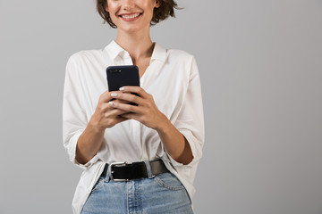 Wall Mural - Cropped photo of cheerful young business woman