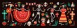 © Good Studio - Collection of traditional Day of The Dead symbols - skeletons dressed in folk Mexican costumes playing guitar, maracas or dancing, calaveras or skulls, cross and candles. Holiday vector illustration.