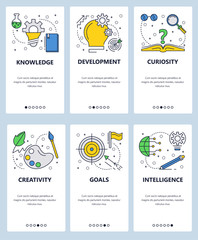 Vector web site linear art onboarding screens template. Knowledge, curiosity, intelligence and creativity. Menu banners for website and mobile app development. Modern design flat illustration.
