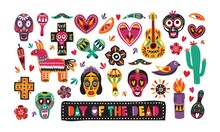 Bundle Of Traditional Day Of The Dead Decorations Isolated On White Background - Mexican Sugar Skulls, Catrina's Face, Pepper, Pinata, Cross, Candle, Maracas, Guitar. Holiday Vector Illustration.