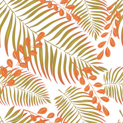  Seamless pattern with tropical leaves of exotic plants. Colorful vector illustration in sketch style.