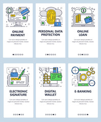 Fototapete - vector web site linear art onboarding screens template. financial services amd data protection. fing
