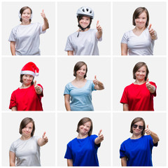 Wall Mural - Collage of young woman with down syndrome over isolated background doing happy thumbs up gesture with hand. Approving expression looking at the camera with showing success.