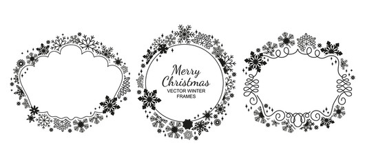 Wall Mural - Black-white snowflake frame collection, Christmas design set. Vector illustration, merry xmas flake framework