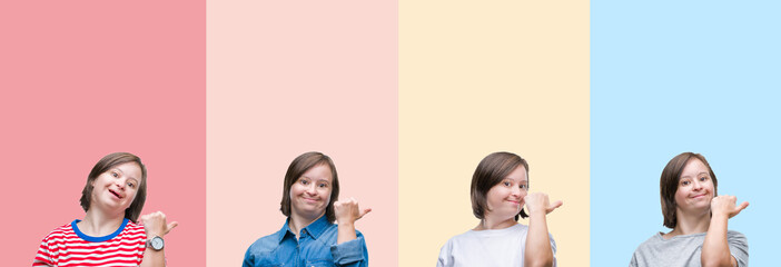 Sticker - Collage of down syndrome woman over colorful stripes isolated background smiling with happy face looking and pointing to the side with thumb up.