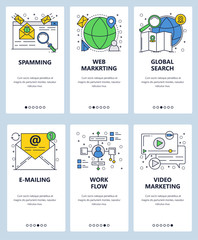 Poster - vector web site linear art onboarding screens template. online digital marketing, web and video adve