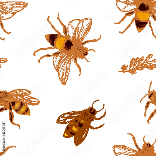 Cotton fabric Seamless pattern with honey bees and acacia plant branches on white background. Backdrop with honeybees. Colorful hand drawn vector illustration in vintage style for wrapping paper, textile print.