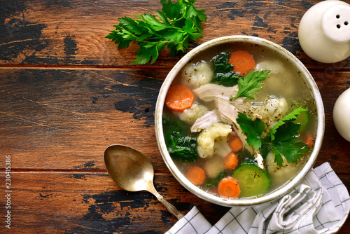 Fotografía Vegetable soup with chicken fillet.Top view with copy space.
