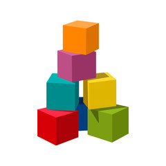 bright colored bricks building tower. block vector illustration on white background. blank cubes for