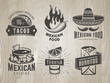 Mexican food badges. Vector logos with traditional mexican cuisine. Emblems for tacos, burritos, nachos, tequila. Set of labels for cafe, taqueria or fast food restaurant on vintage wooden background