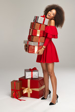 Female Model Wear Red Dress Keeps Gifts