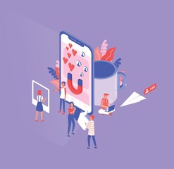 Aufkleber - Isometric composition with tiny men and women and giant smartphone, cup and paper plane. Social media and network tools for internet marketing, promotion. Modern colored vector illustration.