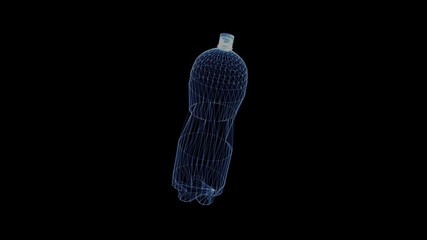 Hologram of a rotating bottle. 3d animation of a plastic water container on a black background with a seamless loop