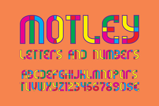 Motley letters and numbers with currency signs. Colorful carnival font.