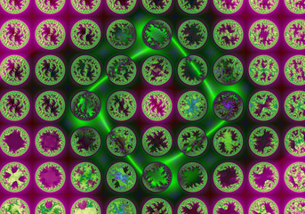 Poster - Abstract floral pattern of different fractal circles. ..Cellular structure. Bright colors and sparkling texture. Digital artwork. Fractal graphics.