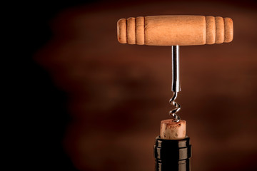 Wall Mural - A closeup photo of a vintage corkscrew in a bottle of wine, on a dark background with copy space. Toned image