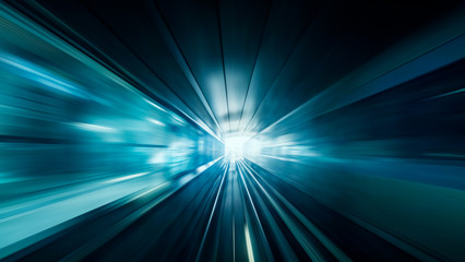 Wall Mural - View from first railway carriage. Speed motion blur metro abstract background in the tunnel