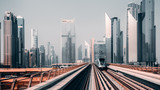 Fototapeta Paryż - View from first railway carriage. Dubai city skyline panorama. Beautiful urban landscape of UAE in the day