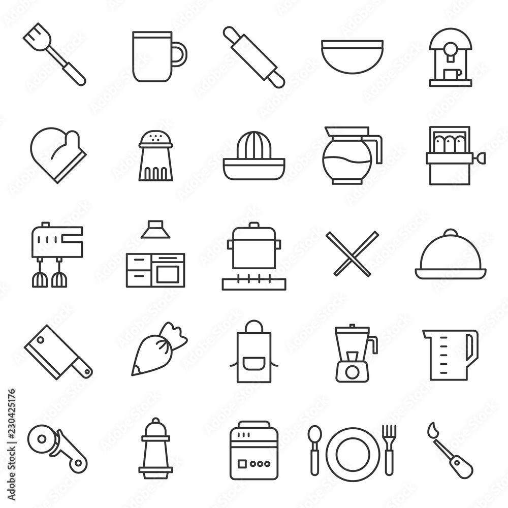 kitchen set black line icon collection, with simple and modern outline ...