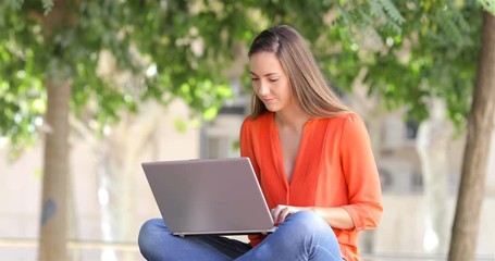 Poster - Serious woman uses a laptop writing emails sititng on a bench in a park