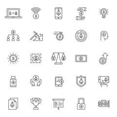 Poster - set of bitcoin technology system icons with simple thin line concept and editable stroke