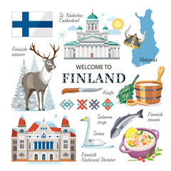 travel finland national traditional vector symbols collection clipart with architecture sights, natu