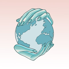 Two hands holding the planet  Earth. Flat cartoon vector illustration on a pinkbackground. Can be used like a poster, symbol or icon for Earth day or Peace day or others.