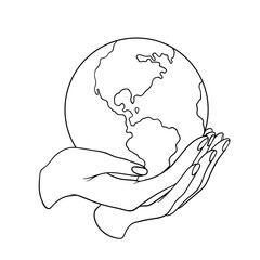 Two hands holding the planet  Earth. Lineart  vector illustration without backgrond. Can be used like a poster, symbol or icon for Earth day or Peace day or others.